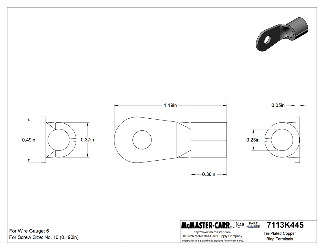 Technical Drawing of Tin-Plated Copper Ring Terminals, Noninsulated, for 6 Wire Gauge and Number 10 Screw Size.